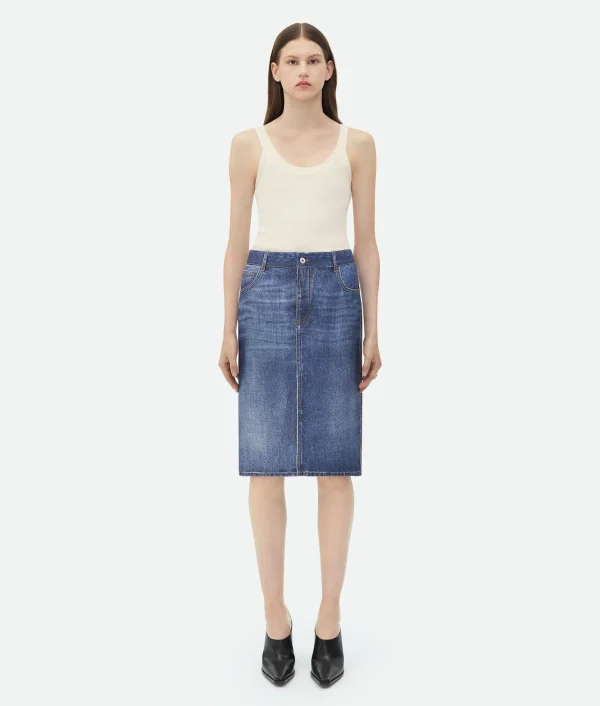 Bottega Veneta Denim Printed Silk And Viscose Midi Skirt>Women Skirts