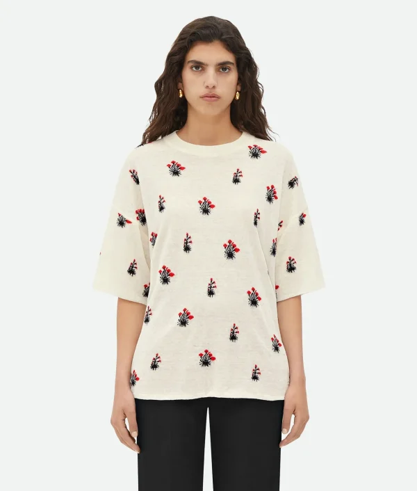 Bottega Veneta Linen Jacquard Flowers T-Shirt>Women Tops And T-Shirts