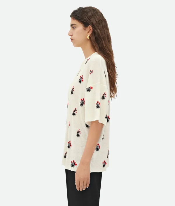Bottega Veneta Linen Jacquard Flowers T-Shirt>Women Tops And T-Shirts
