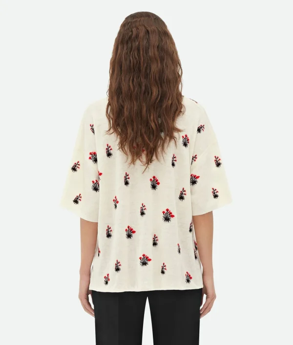 Bottega Veneta Linen Jacquard Flowers T-Shirt>Women Tops And T-Shirts