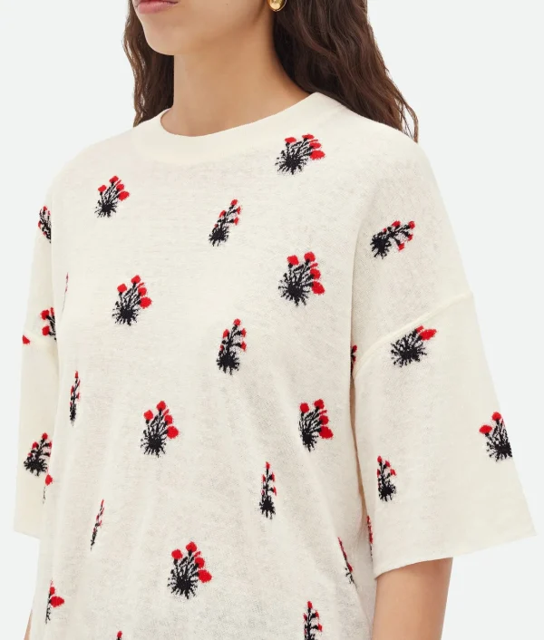 Bottega Veneta Linen Jacquard Flowers T-Shirt>Women Tops And T-Shirts