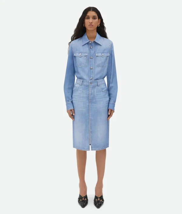 Bottega Veneta Printed Viscose And Silk Denim Shirt>Women Shirts